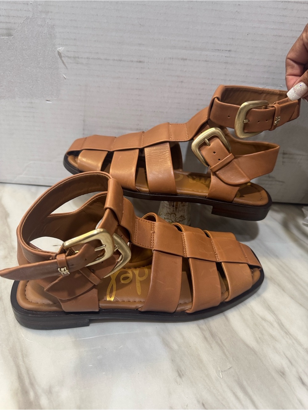 Sam Edelman Tan Leather Strappy Fisherman Sandals with Gold Buckles - Picture 3 of 12
